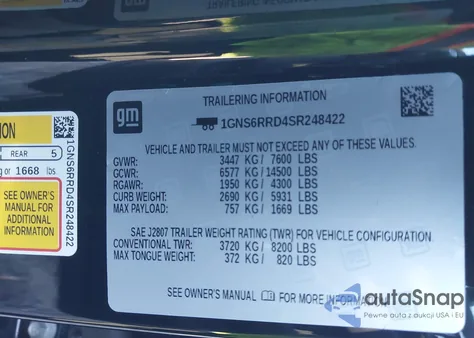 2025 Chevrolet Tahoe 4Wd Rst z USA, uszkodzony, nr VIN 1GNS6RRD4SR248422